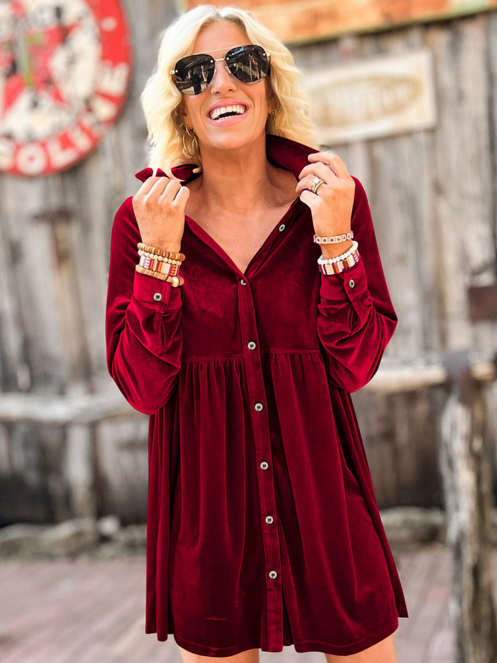 Womens  Velvet Button-Up Babydoll Holidays Dress