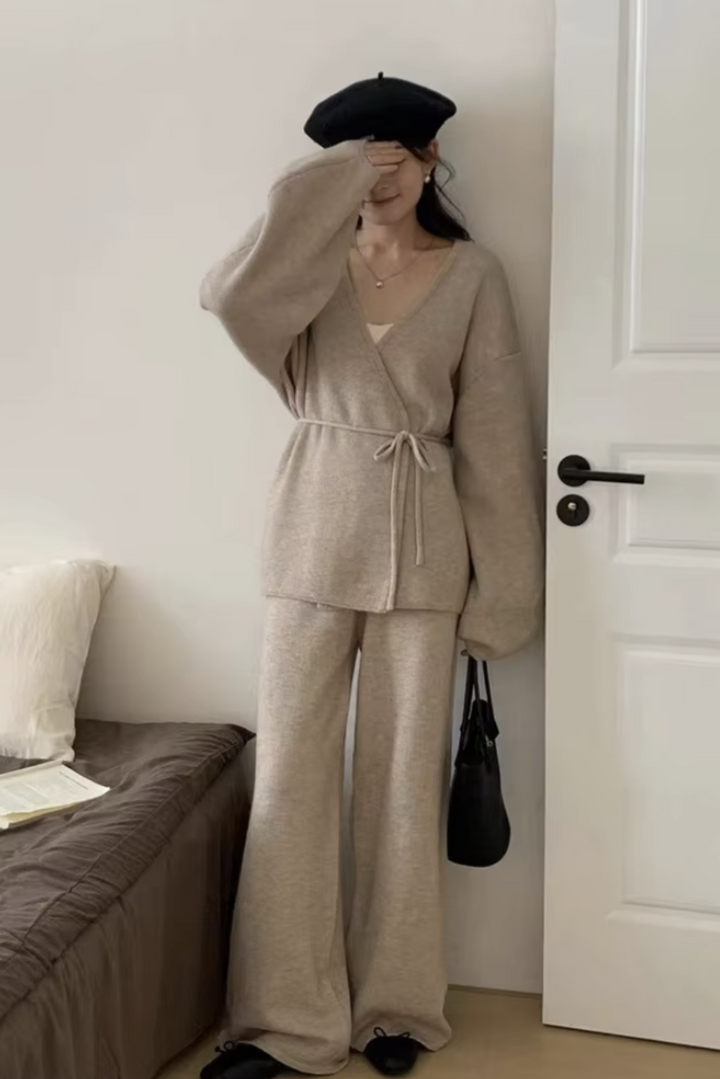 Womens  Cozy Chic Knit Wrap Sweater & Wide-Leg Pants Set