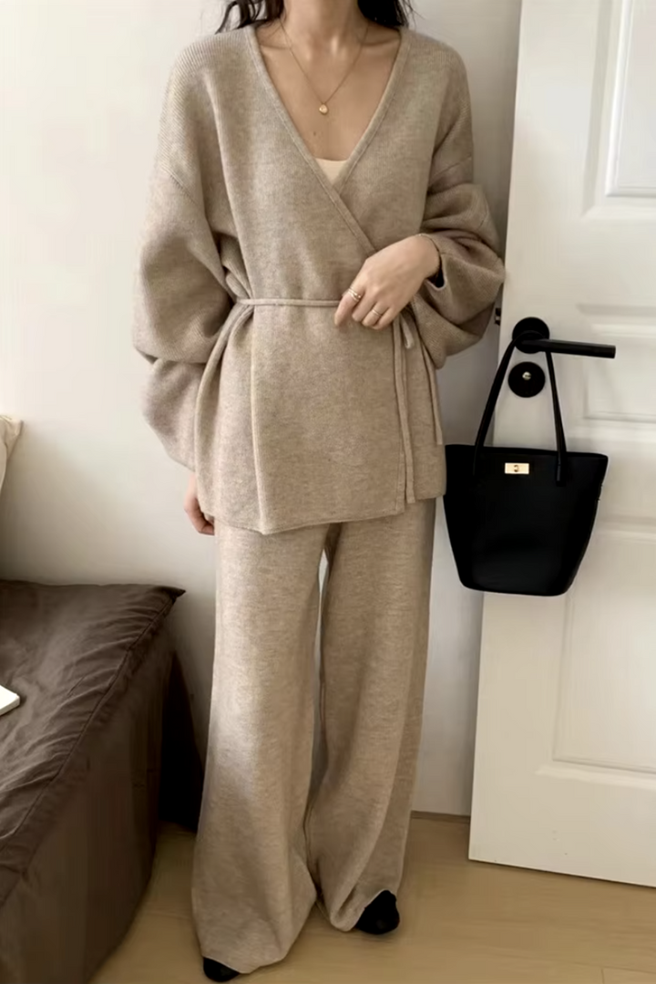 Womens  Cozy Chic Knit Wrap Sweater & Wide-Leg Pants Set