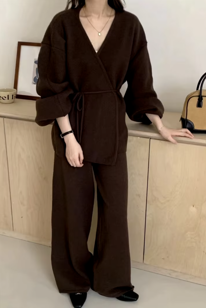 Womens  Cozy Chic Knit Wrap Sweater & Wide-Leg Pants Set