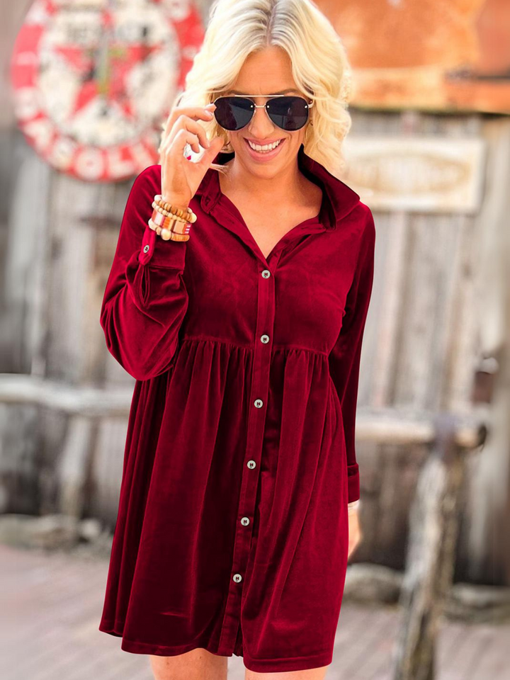 Womens  Velvet Button-Up Babydoll Holidays Dress