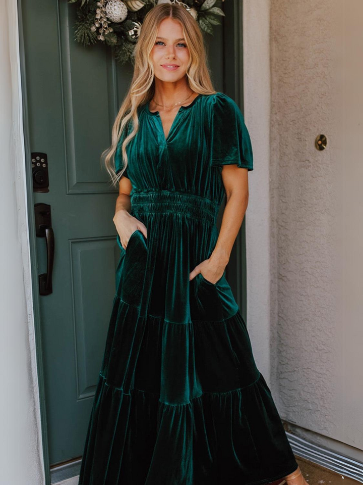 Womens Emerald Velvet Winter Wonder Maxi Dress with Puff Sleeves