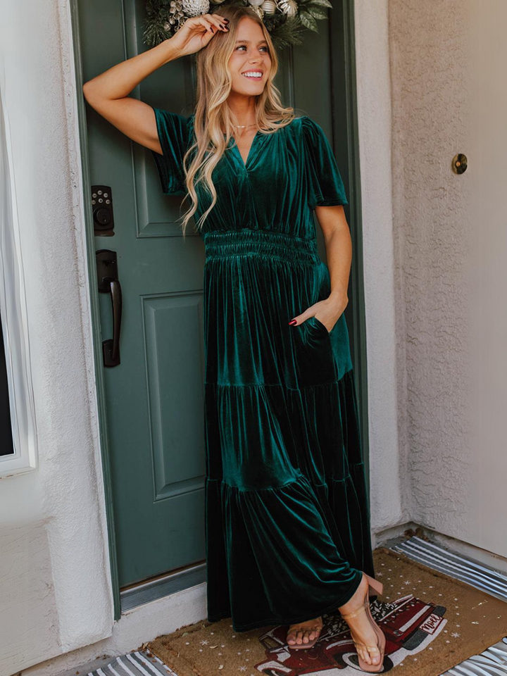 Womens Emerald Velvet Winter Wonder Maxi Dress with Puff Sleeves