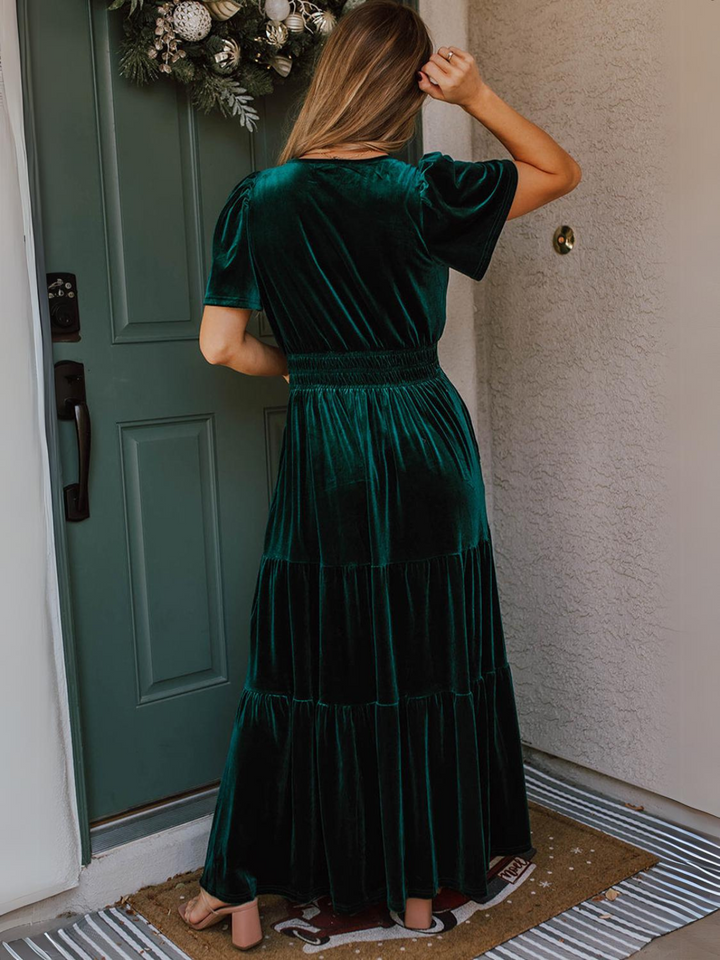 Womens Emerald Velvet Winter Wonder Maxi Dress with Puff Sleeves