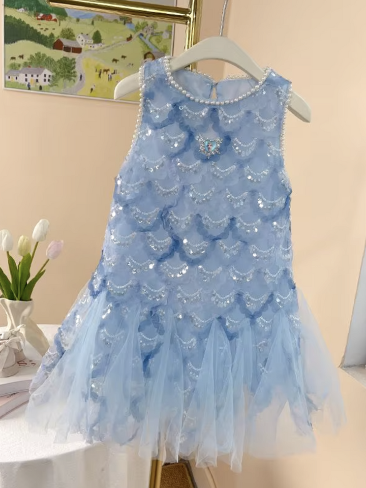 Elegant Blue Sequin Tulle Dress with Pearl Neckline