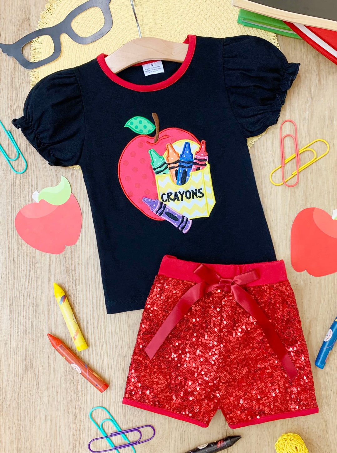 Little girls back to school apple and crayon graphic top with puffed short sleeves and sequin mesh shorts with bow - Mia Belle Girls