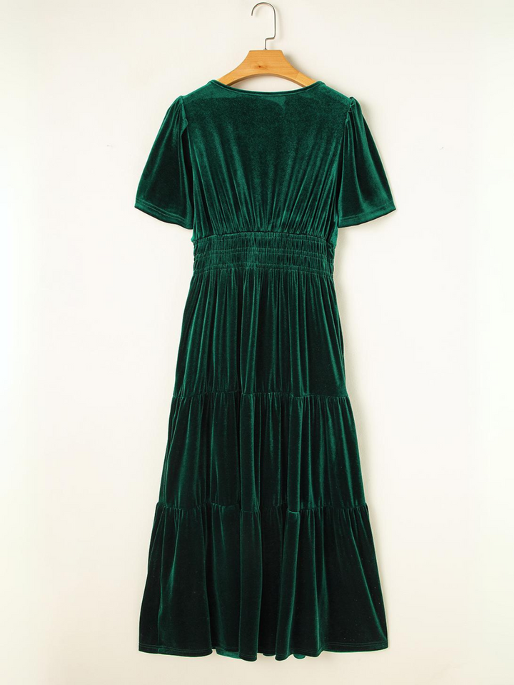 Womens Emerald Velvet Winter Wonder Maxi Dress with Puff Sleeves