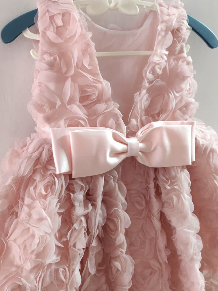 Blush Pink Rosette Party Dress with Elegant Satin Bow