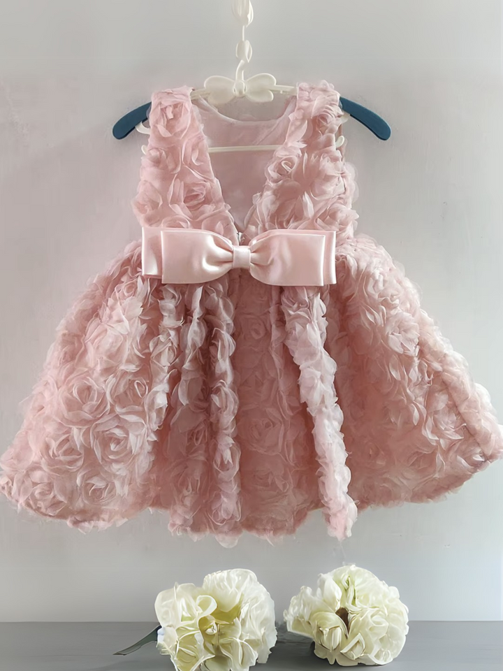 Blush Pink Rosette Party Dress with Elegant Satin Bow