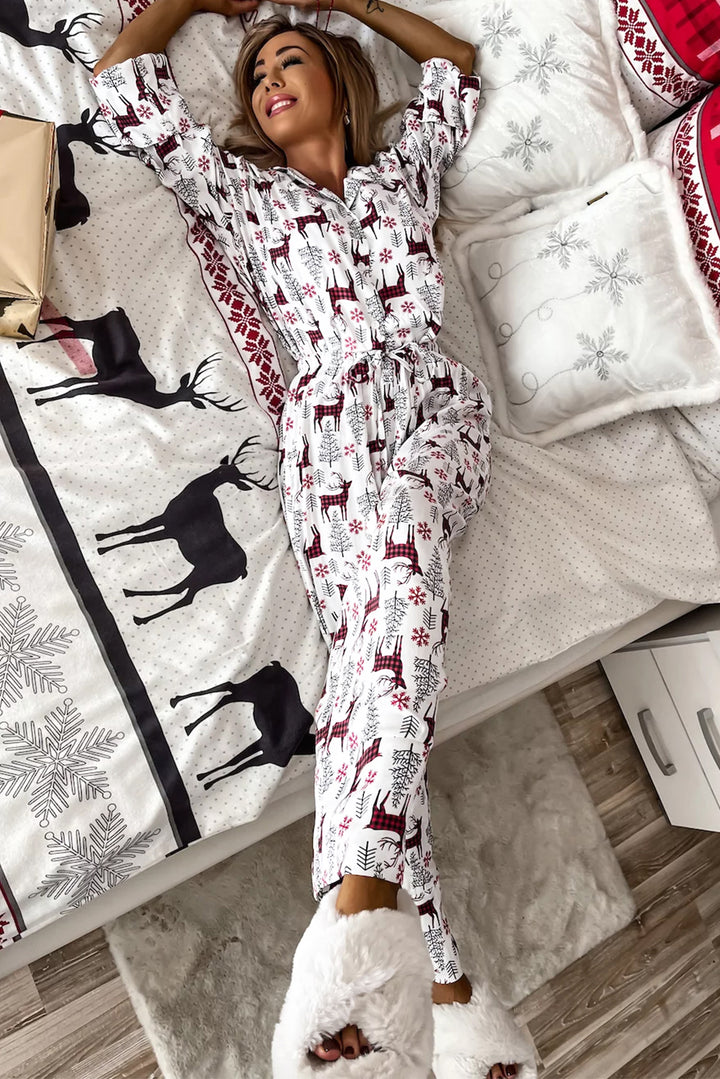 Womens White Christmas Printed Shirt and Pants Pajama Set