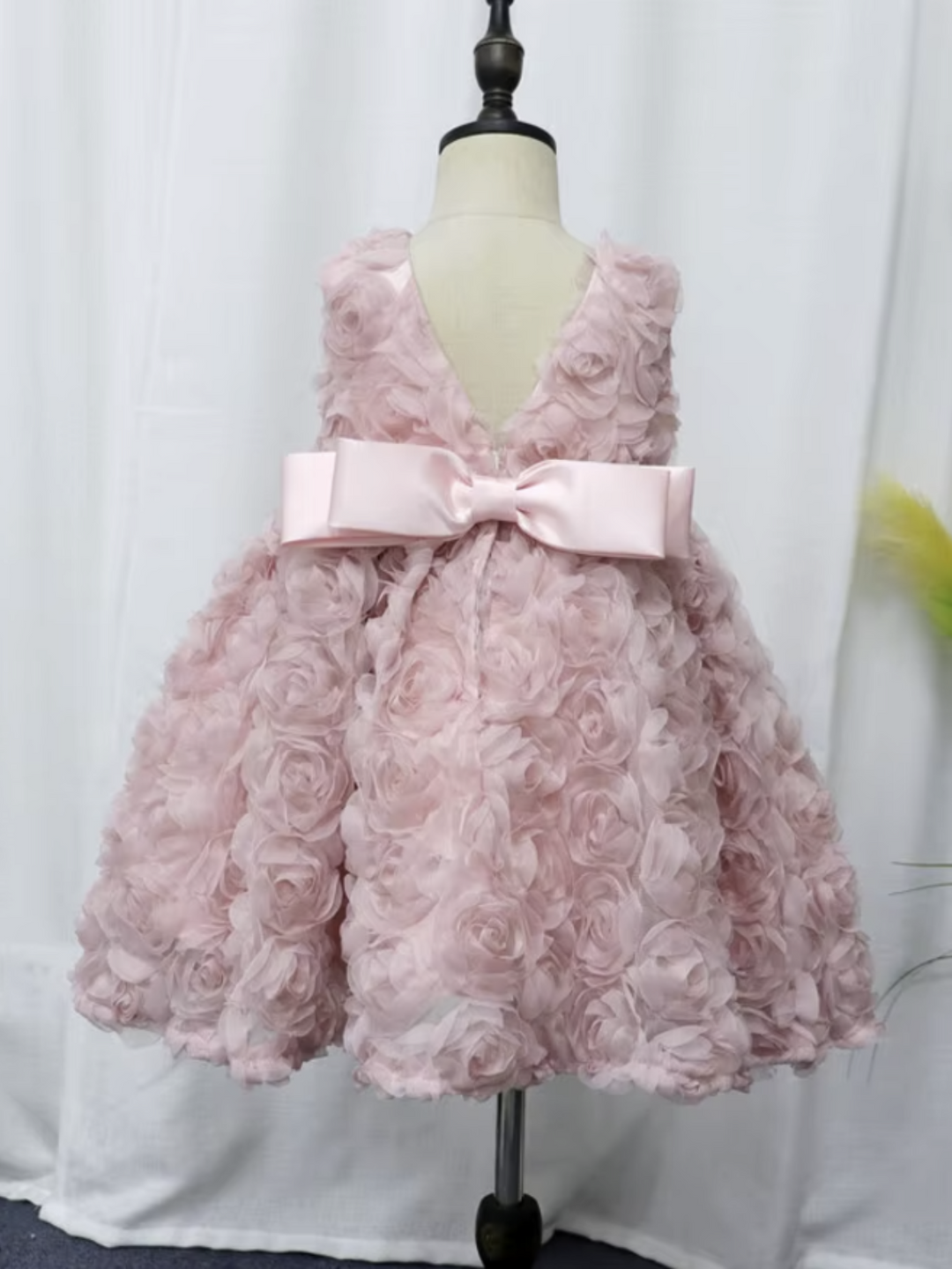 Blush Pink Rosette Party Dress with Elegant Satin Bow