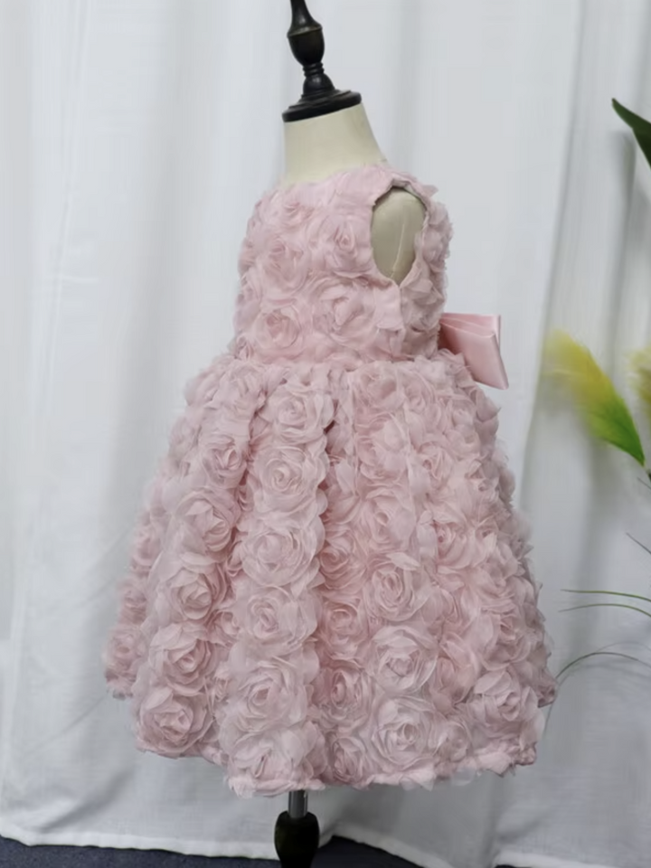 Blush Pink Rosette Party Dress with Elegant Satin Bow