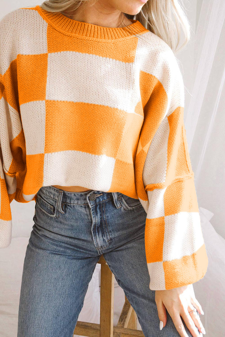 Orange karierter Pullover mit Bischofsärmeln