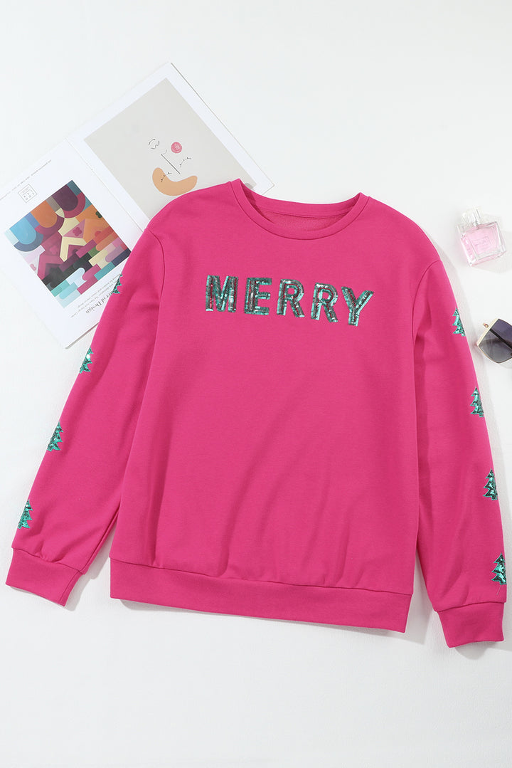 Womens Pink Sequin "MERRY" Christmas Tree Patchwork Sweatshirt