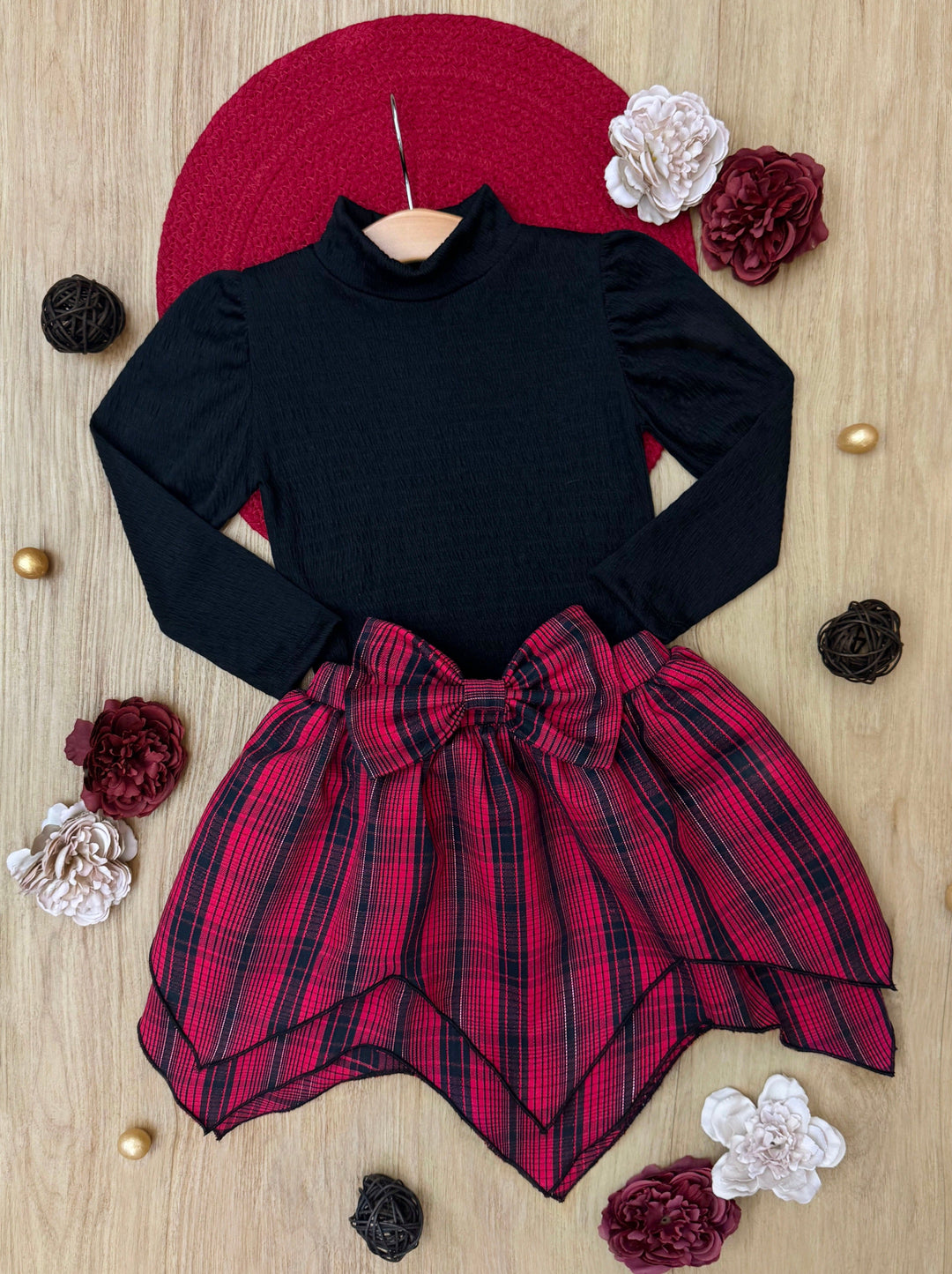 Turtleneck Top and Plaid Hankerchief Skirt Set