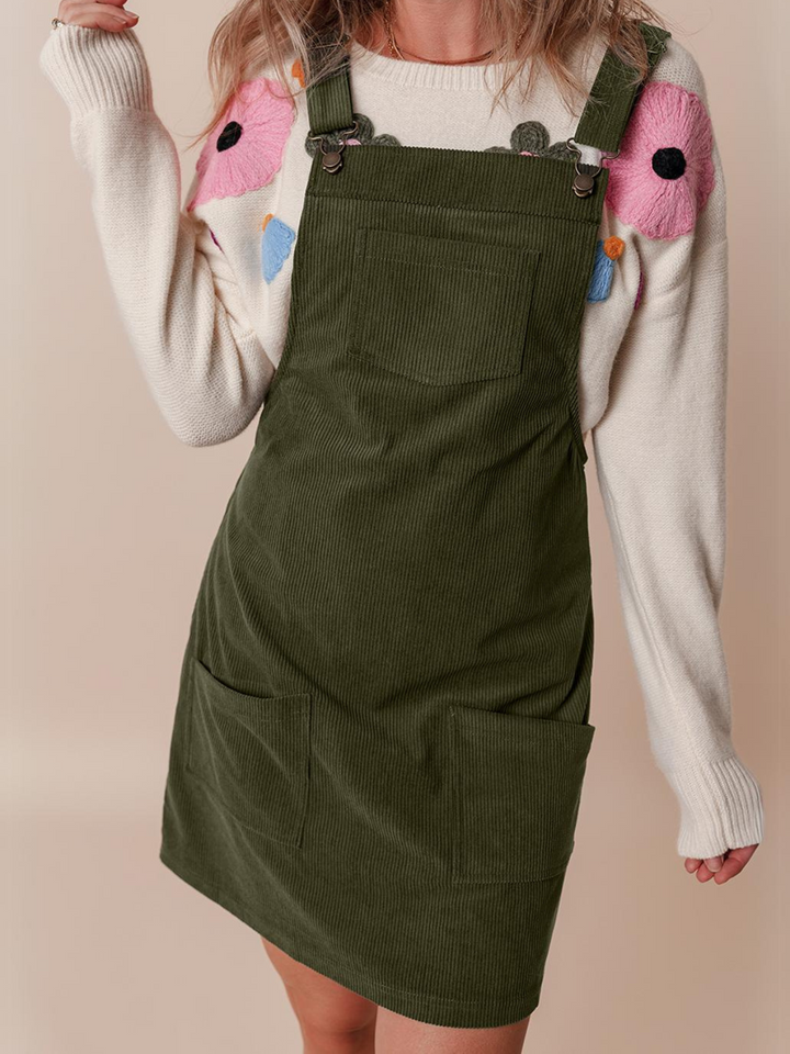 Womens Green Solid Corduroy Overall Dress with Front Pockets