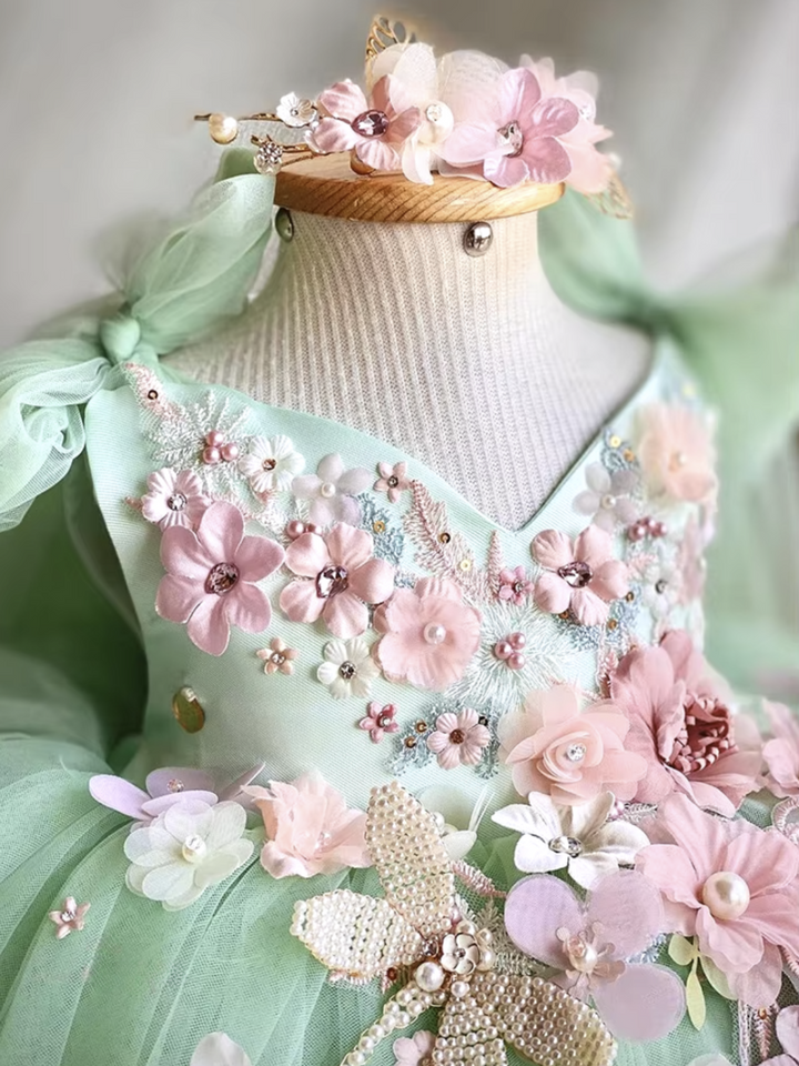 Fairy-Inspired Floral Tulle Dress with 3D Embellishments