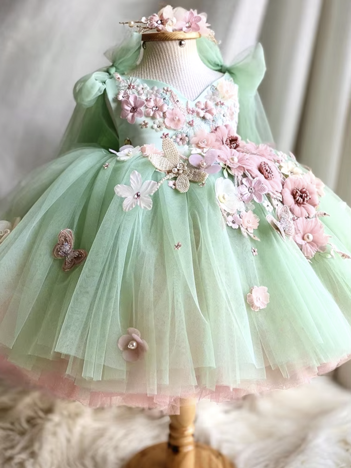 Fairy-Inspired Floral Tulle Dress with 3D Embellishments