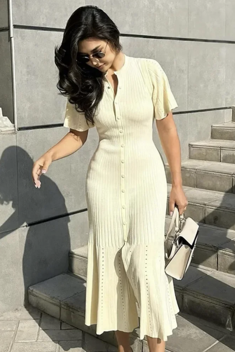 Womans Elegant Ribbed Knit Button-Front Midi Dress