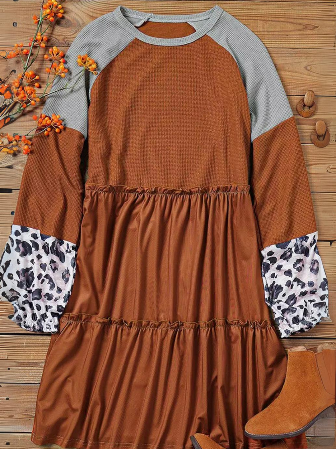 Womens Rust Colorblock Raglan Dress with Leopard Print Balloon Sleeves