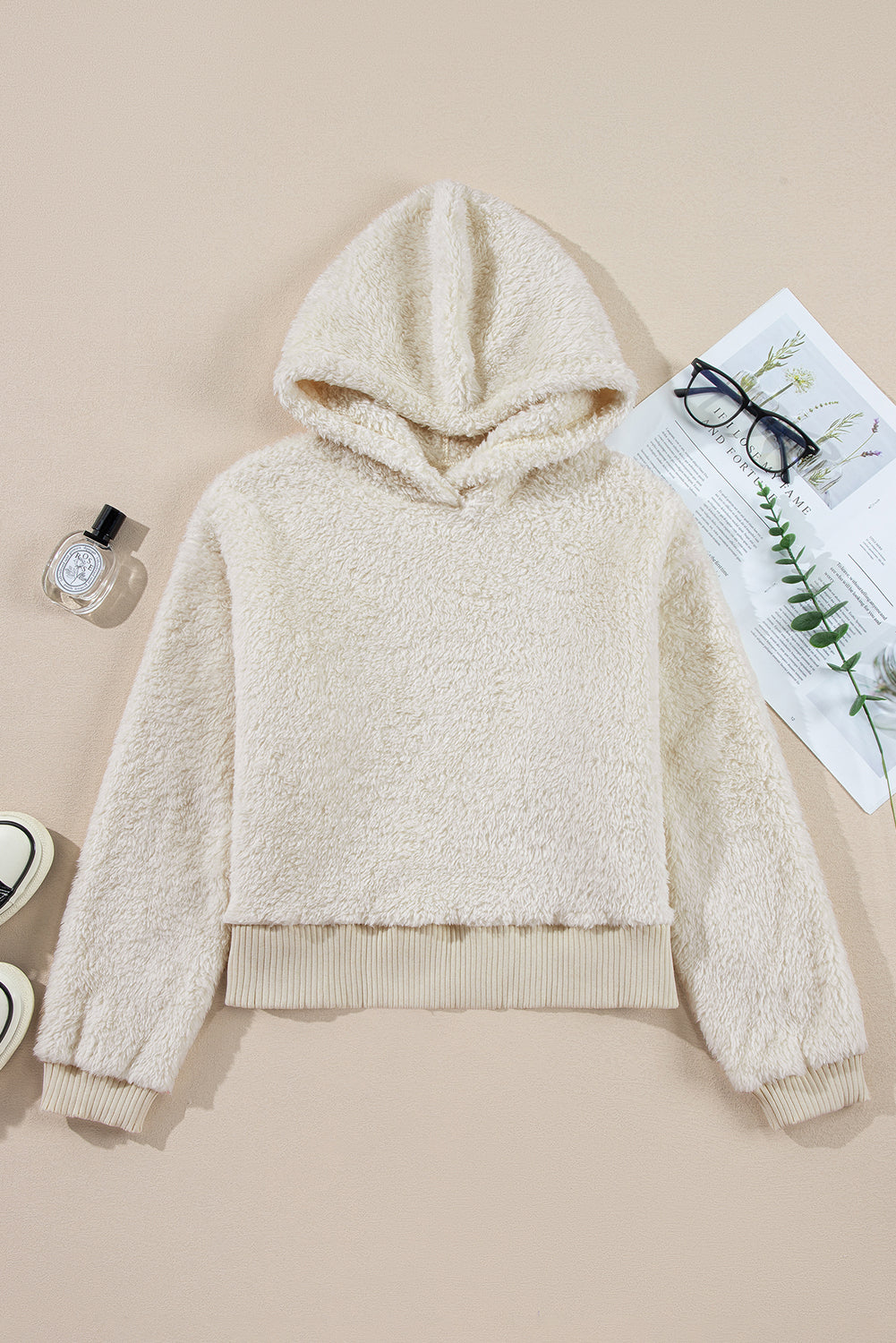 Womens White Contrast Ribbed Edge Plush Hoodie