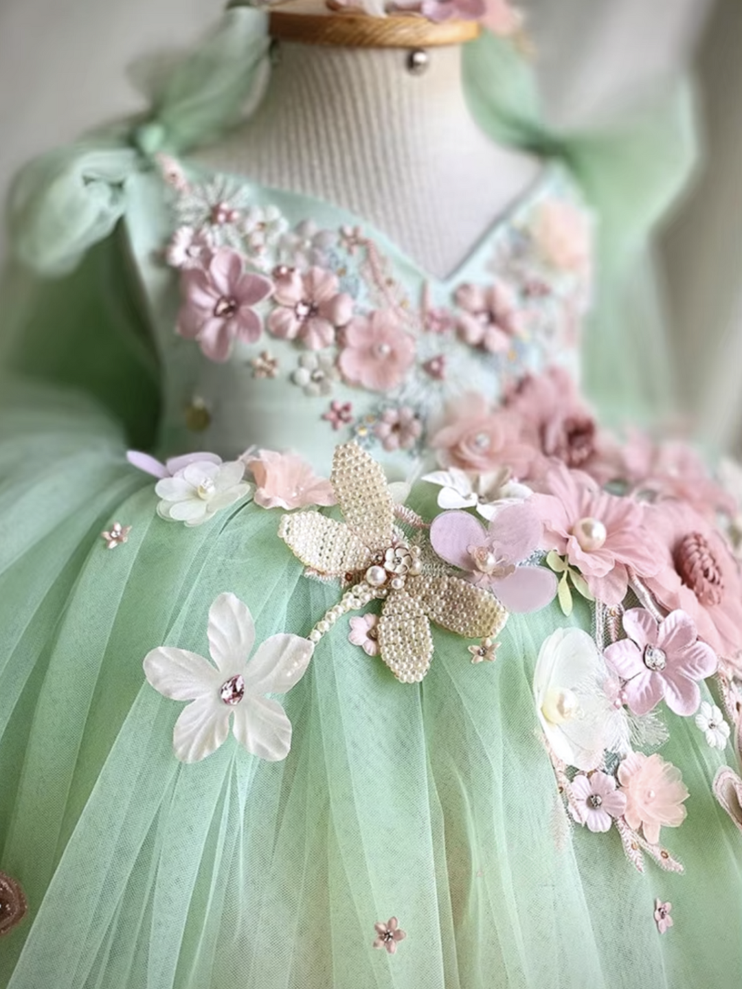 Fairy-Inspired Floral Tulle Dress with 3D Embellishments