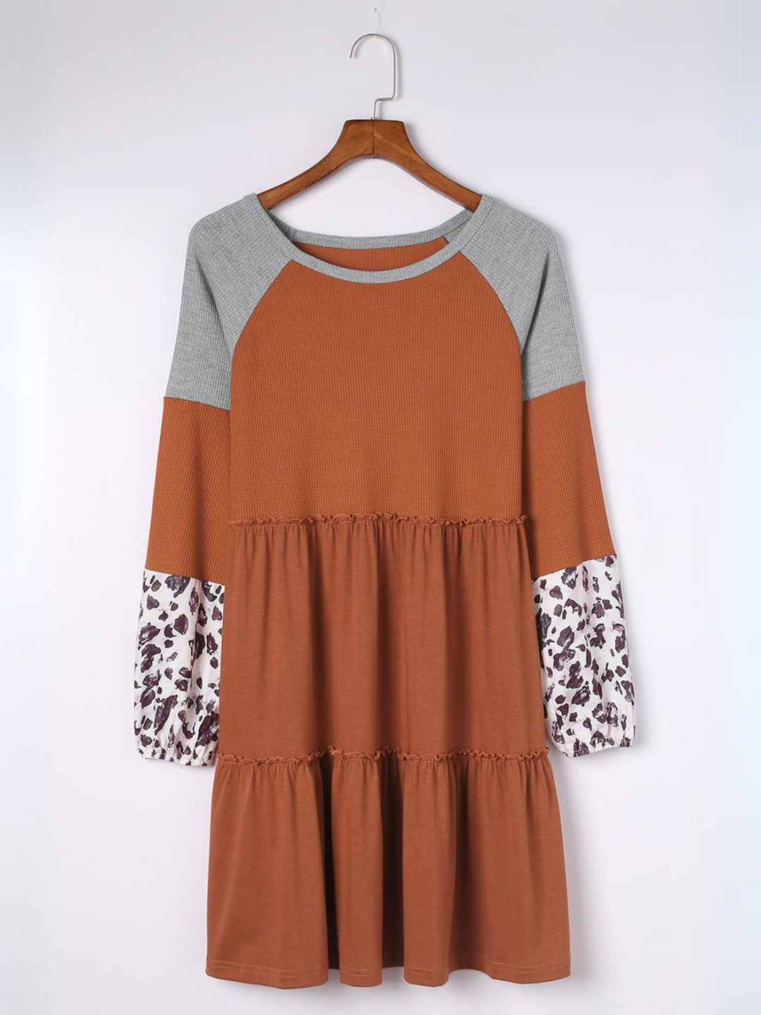 Womens Rust Colorblock Raglan Dress with Leopard Print Balloon Sleeves