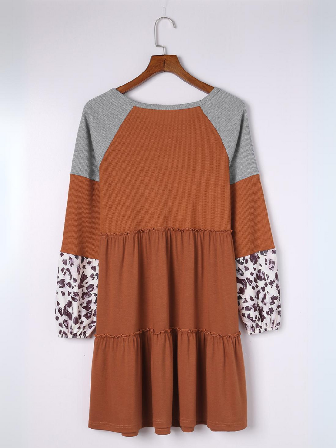 Womens Rust Colorblock Raglan Dress with Leopard Print Balloon Sleeves