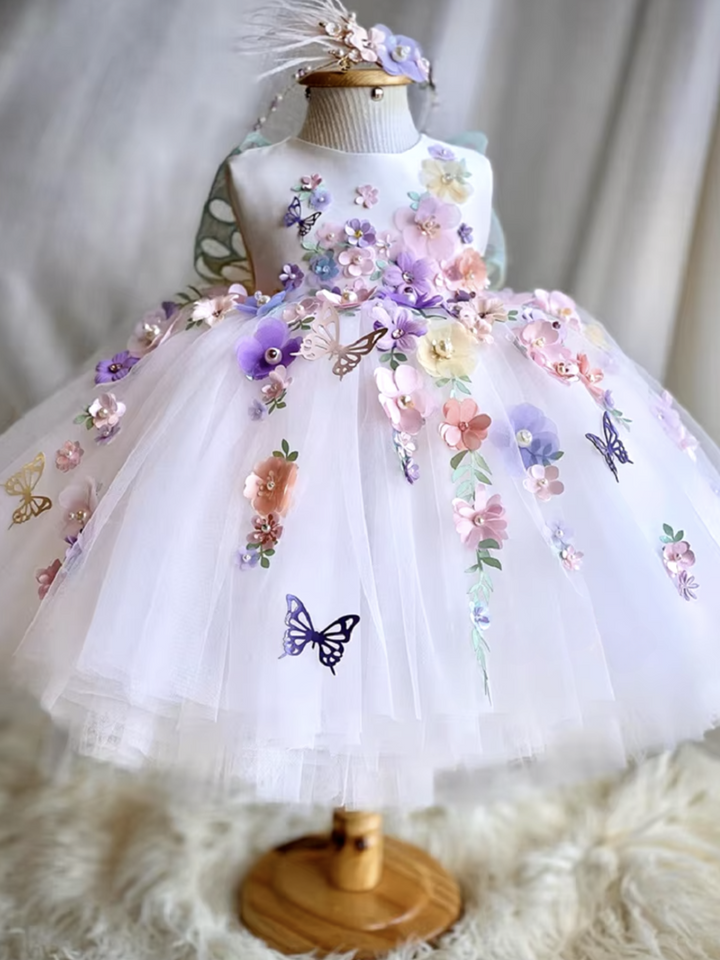 Special Moments Butterfly Floral Tulle Dress with 3D Appliqués