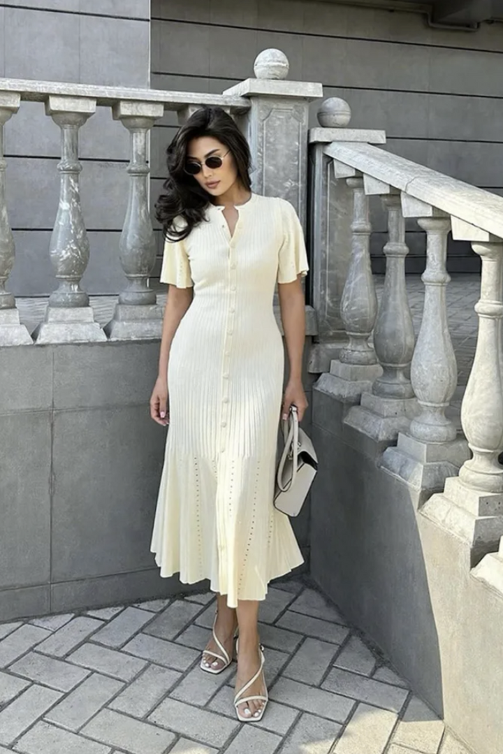 Womans Elegant Ribbed Knit Button-Front Midi Dress