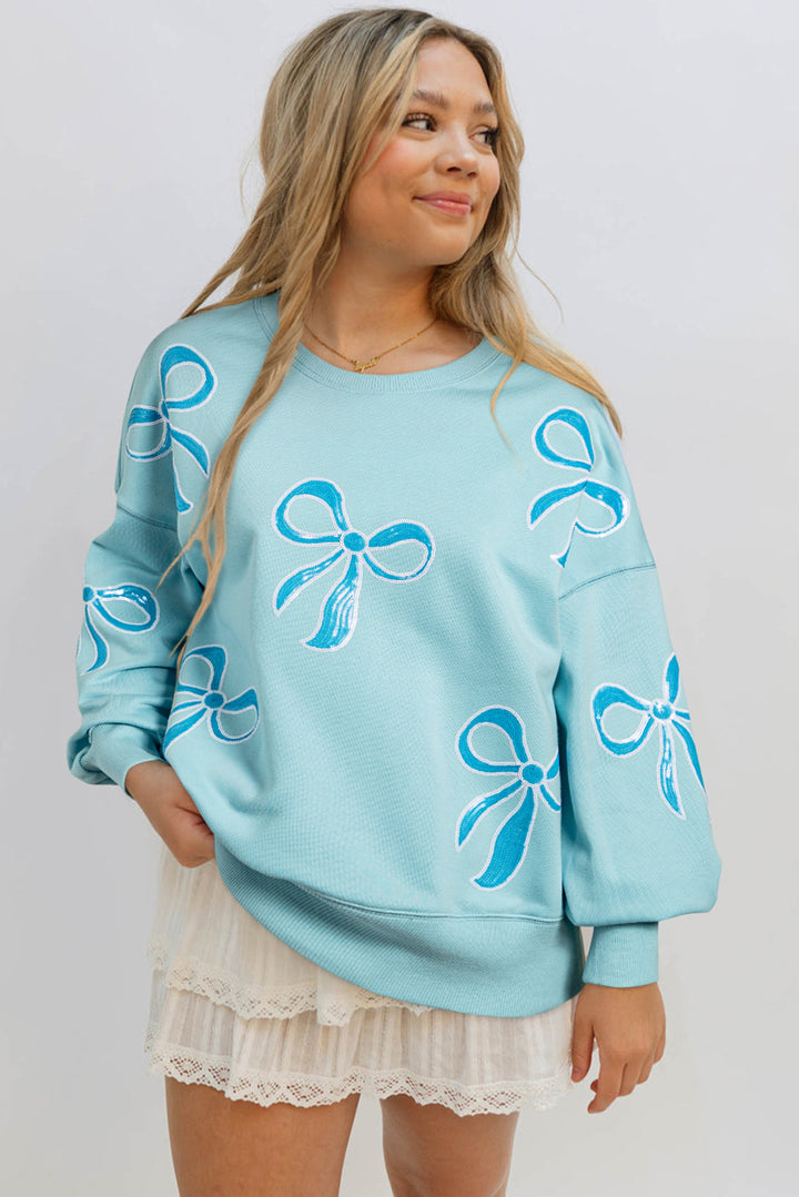 Womens Beau Blue Sequined Bowknot Drop Shoulder Oversized Sweatshirt