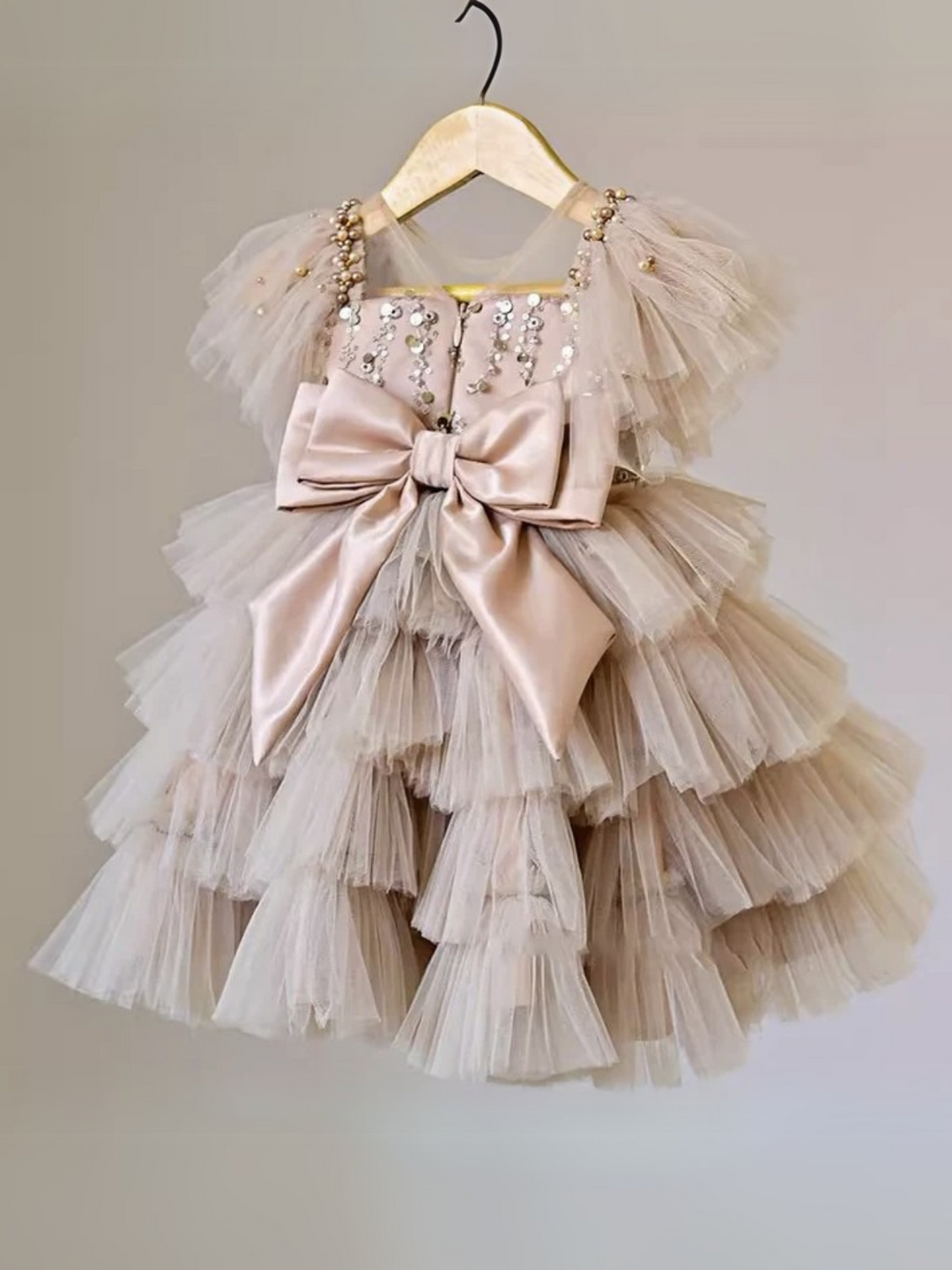 Champagne Tulle and Sequin Tiered Dress with Satin Bow