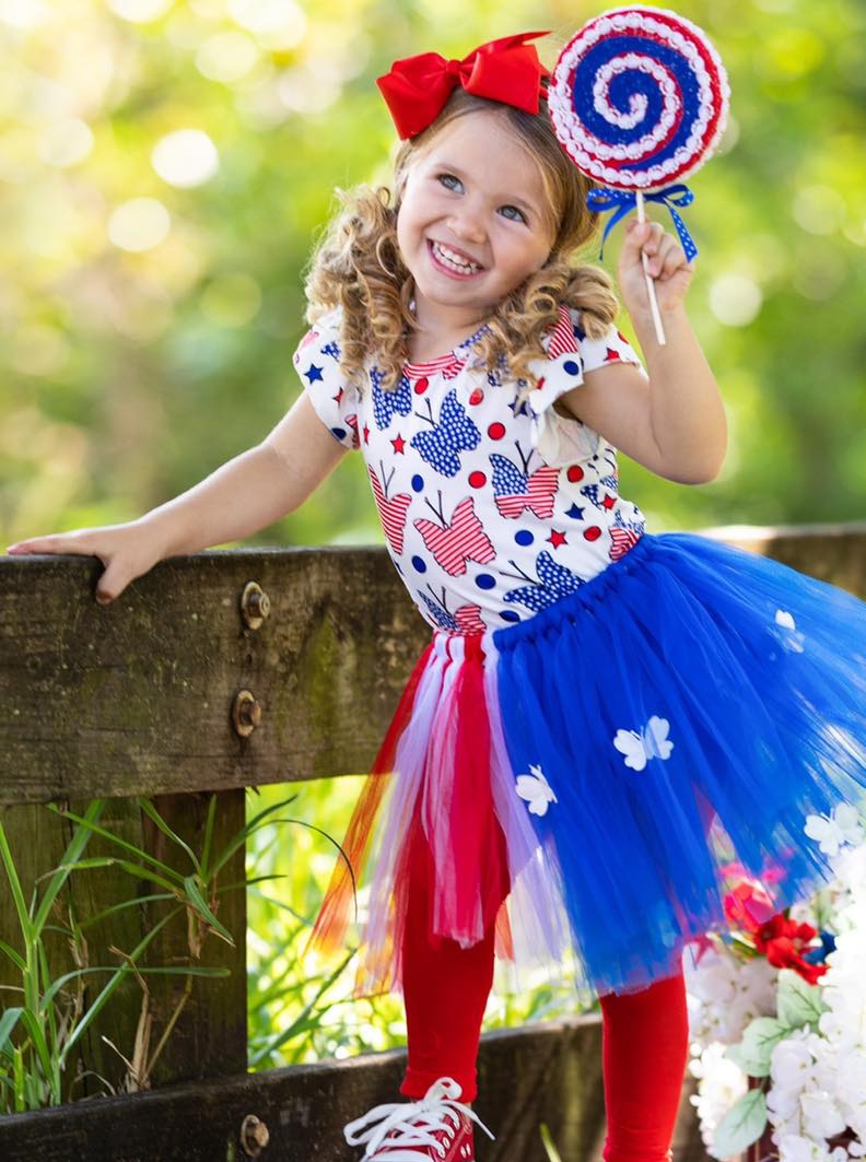 Girls 4th of July Butterfly Flutter Sleeve Top & Applique Tutu Skirt Set - Blue / XS-2T - Girls 4th of July Set