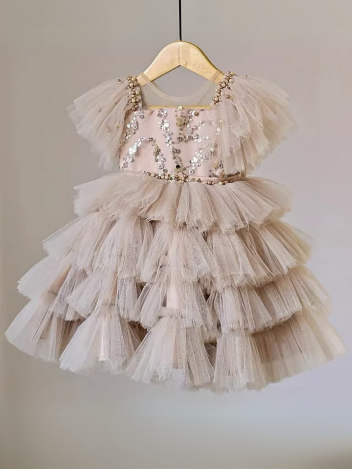 Champagne Tulle and Sequin Tiered Dress with Satin Bow