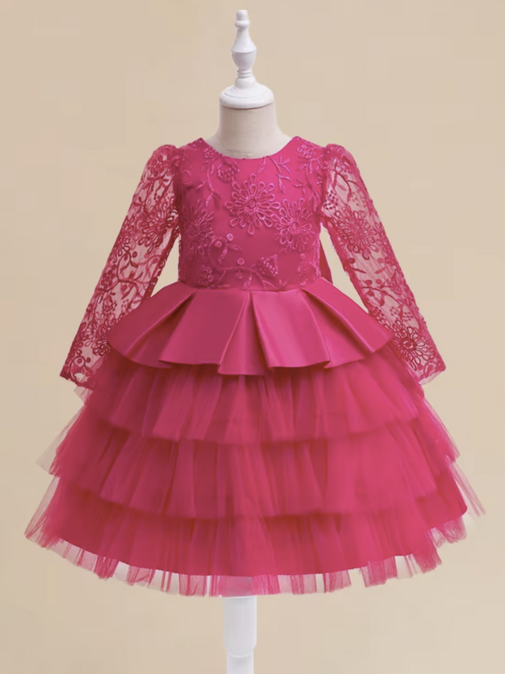 Fuchsia Floral Lace Party Dress with Tiered Tulle Skirt and Satin Bow