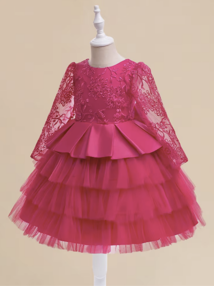 Fuchsia Floral Lace Party Dress with Tiered Tulle Skirt and Satin Bow