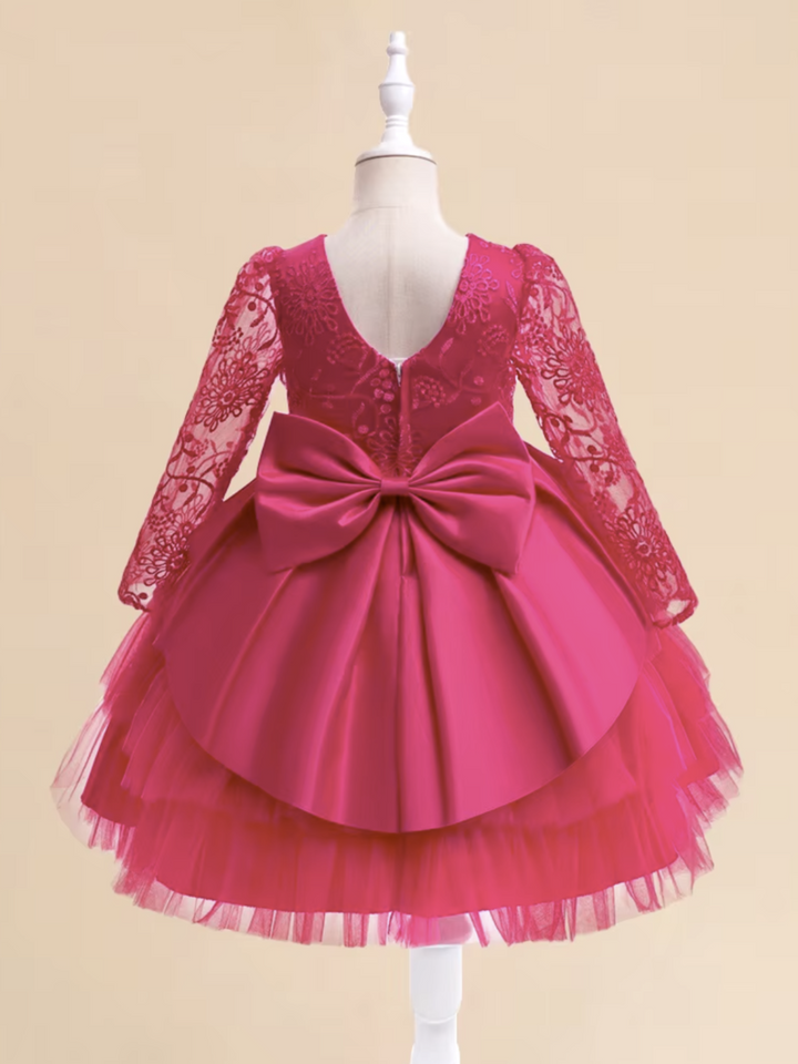 Fuchsia Floral Lace Party Dress with Tiered Tulle Skirt and Satin Bow