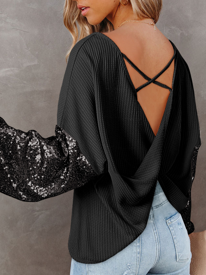 Womens Black Sequin Patchwork Sleeve Open Back Waffle Knit Top