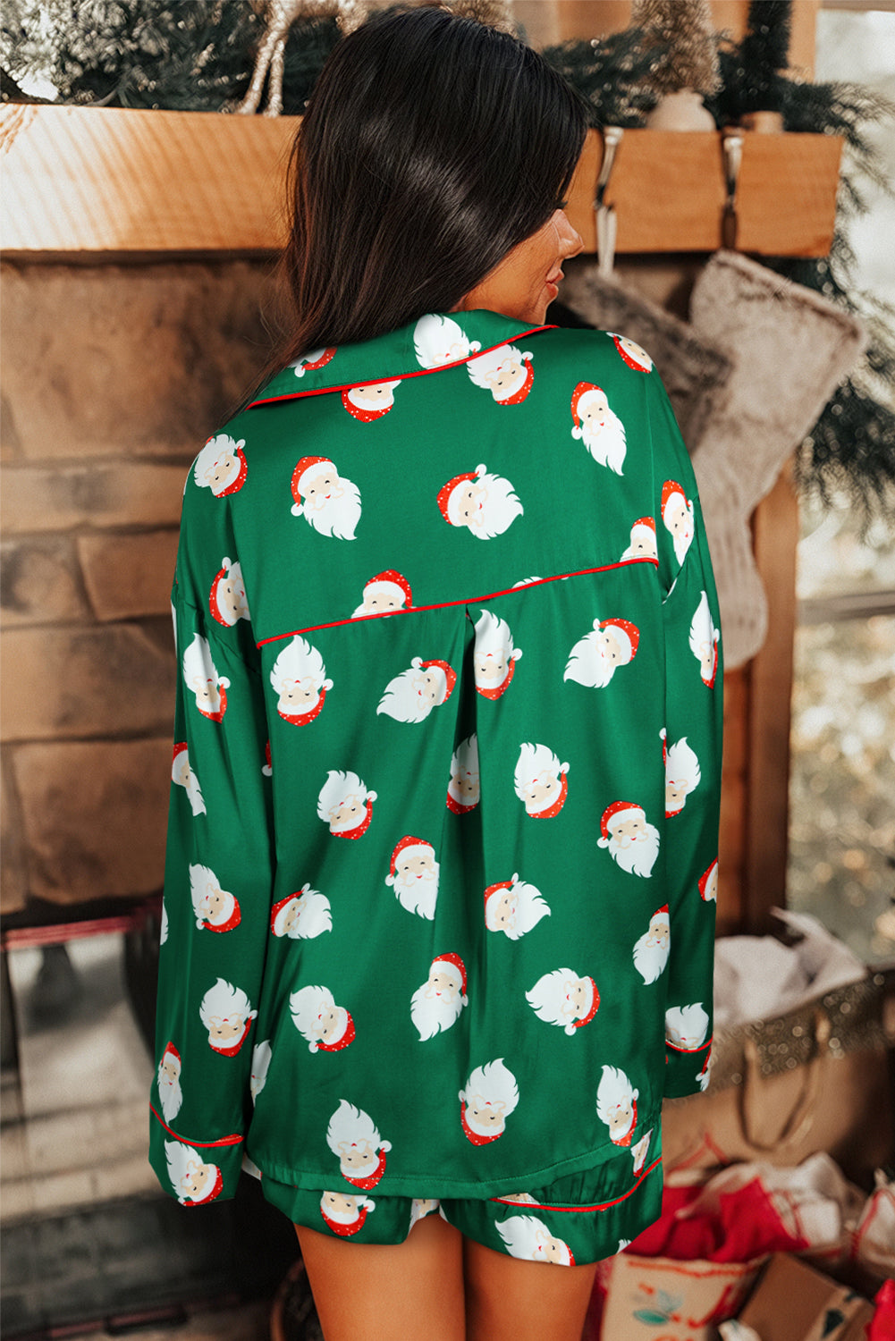 Womens Satin Green Santa Claus Print Long Sleeve Pajama Set