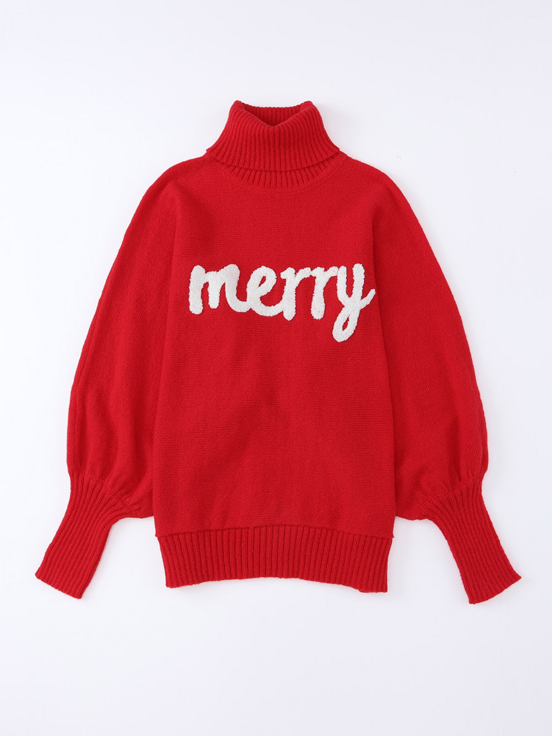 Womens Red Merry Letter Embroidered High Neck Sweater