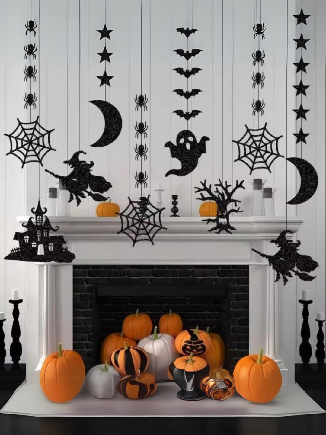 6pcs Spooky Witch, Ghost, Spider, Bat Halloween Hanging Banner Set