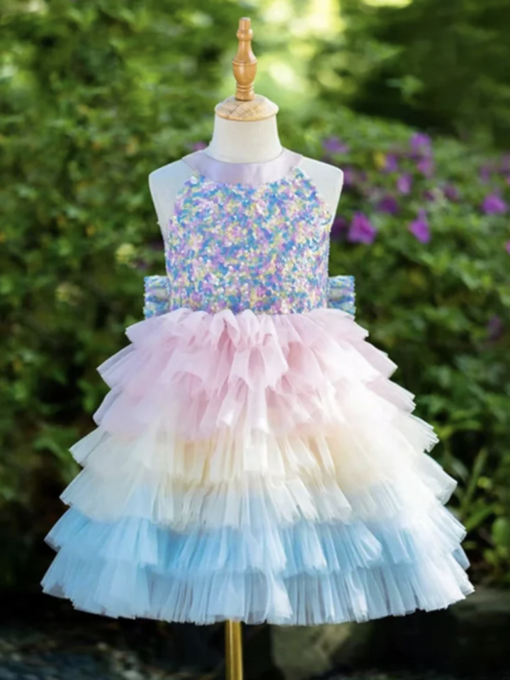 Rainbow Sequined Princess Evening Gown with Layered Tulle Skirt