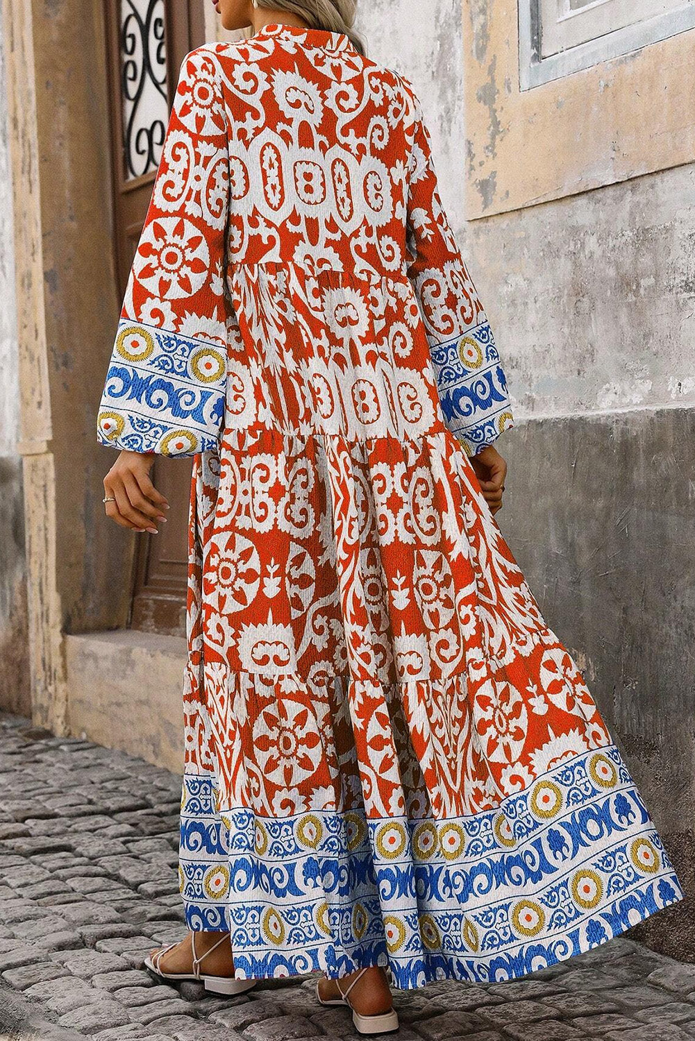 Womens Orange Boho Geometric Printed Long Sleeve Maxi Dress