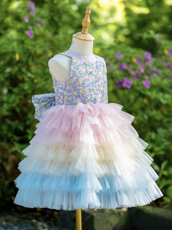 Rainbow Sequined Princess Evening Gown with Layered Tulle Skirt