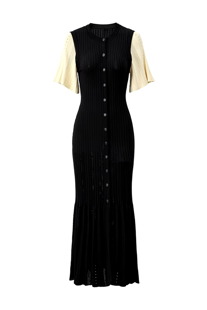 Womans Elegant Ribbed Knit Button-Front Midi Dress