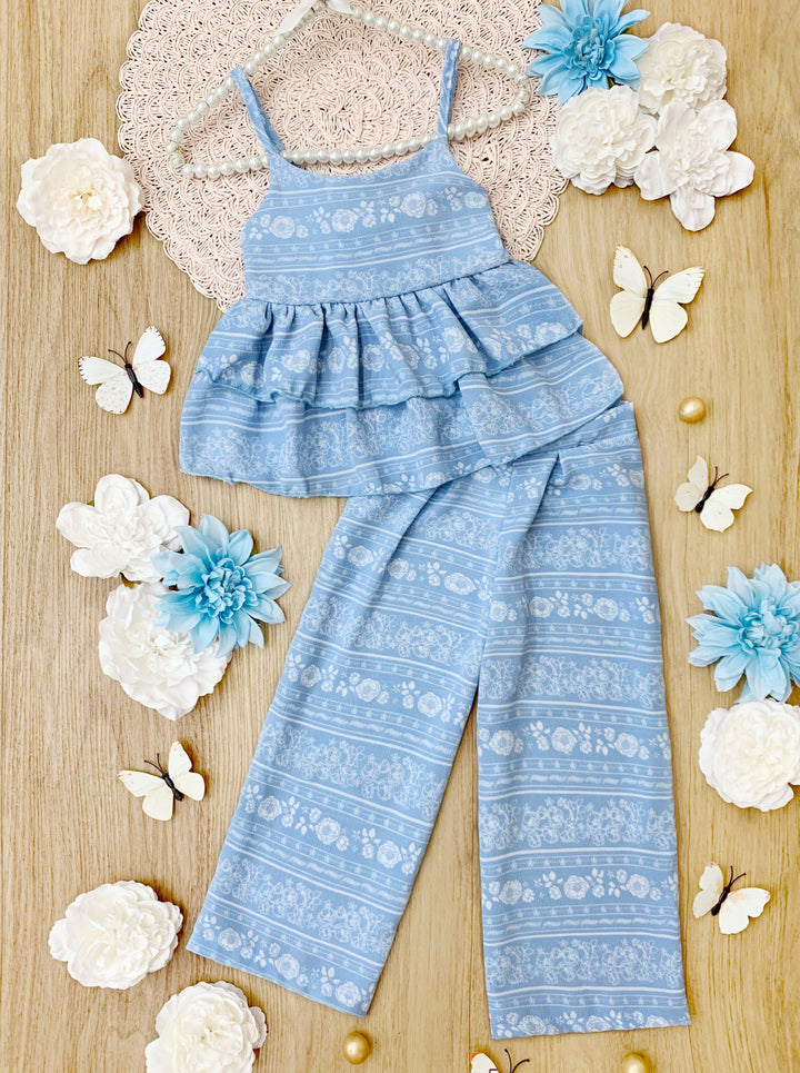 Cute Kids Outfit | Girls Spring Floral Tiered Ruffle Top & Pants Set