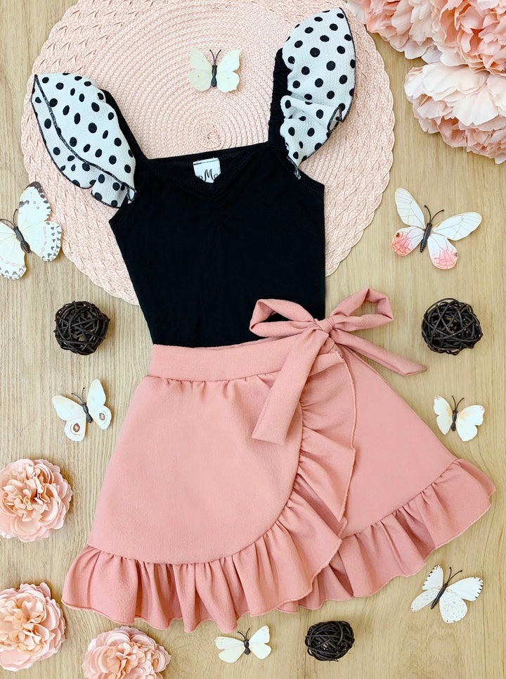 Kids Spring Outift | Girls Polka Dot Strap Top & Ruffle Wrap Skirt Set