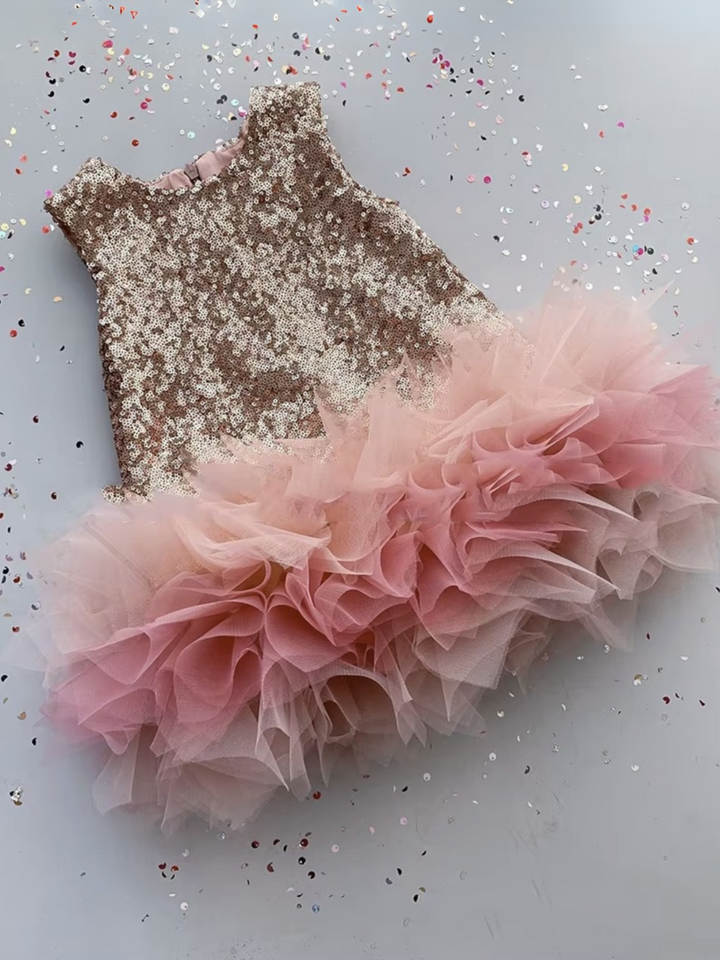 Rose Gold Sequin and Pink Tulle Rainbow Princess Evening Gown