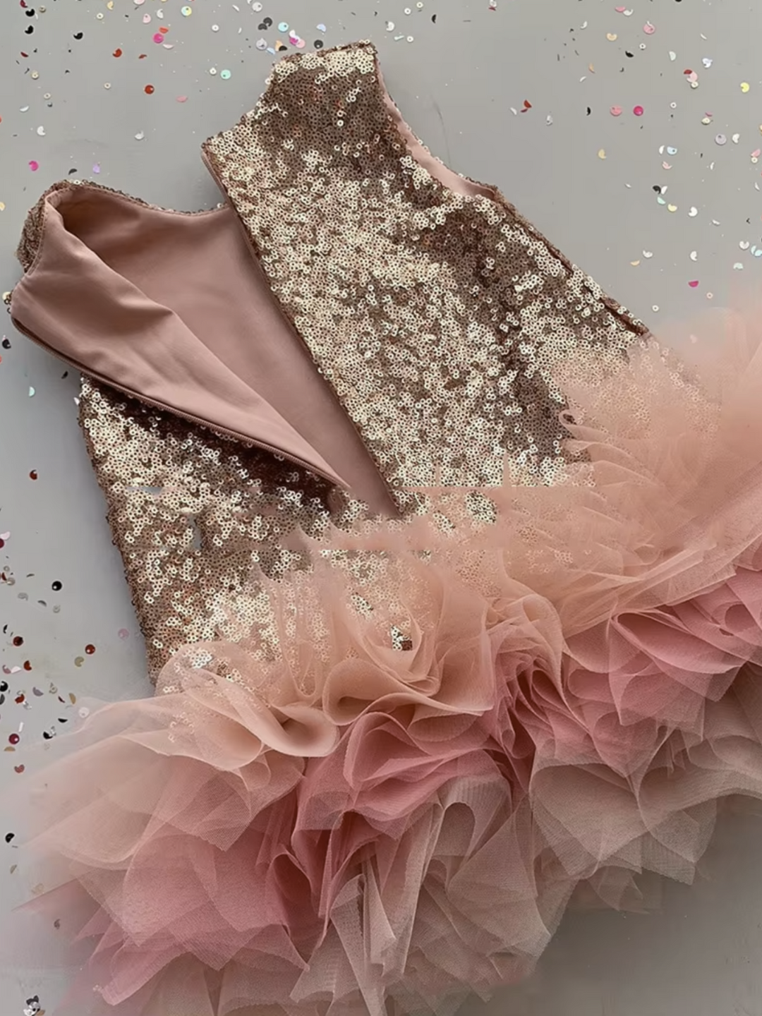 Rose Gold Sequin and Pink Tulle Rainbow Princess Evening Gown