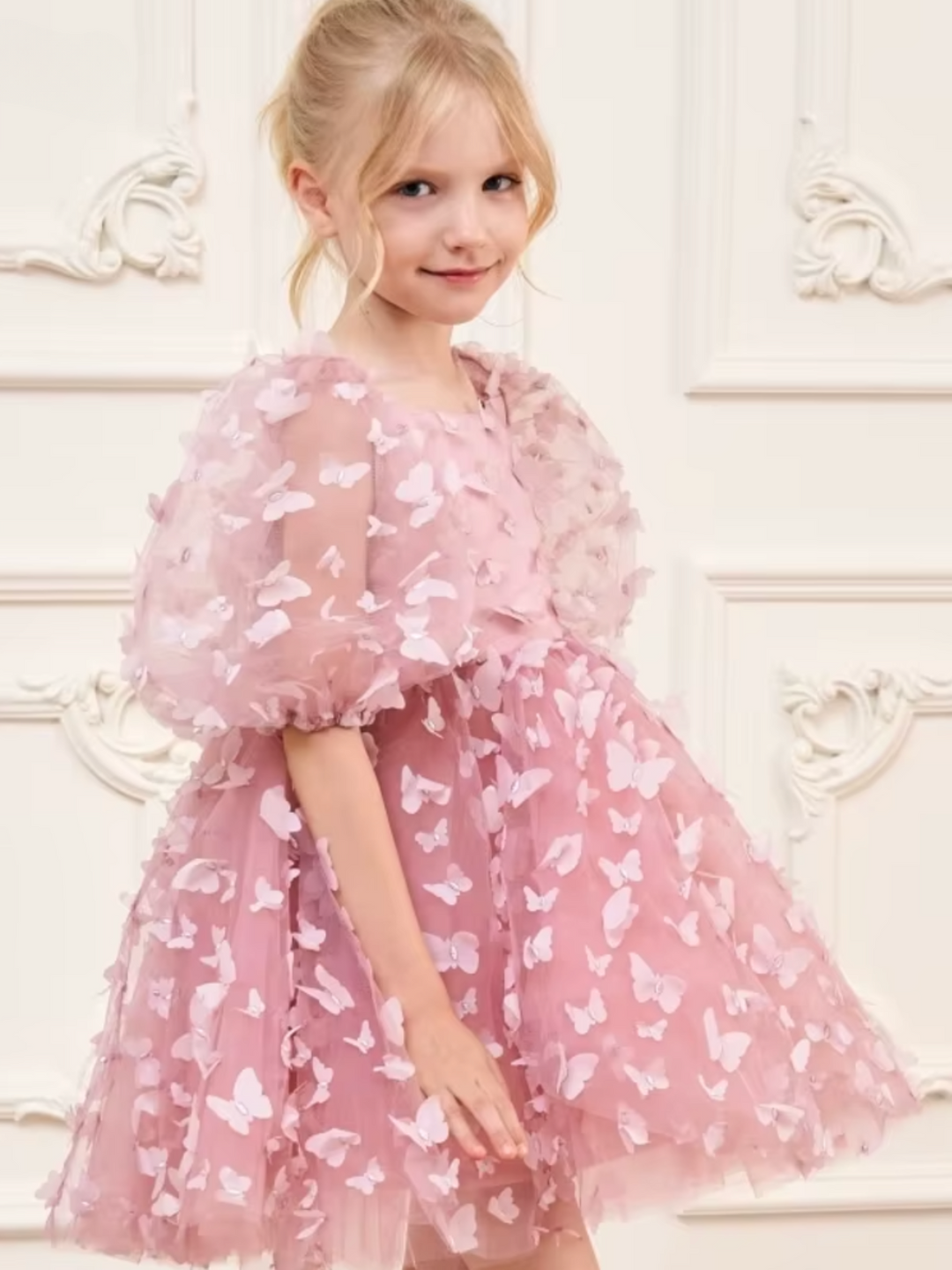 Girls Pink 3D Butterfly Tulle  Puff Sleeve Party Dress